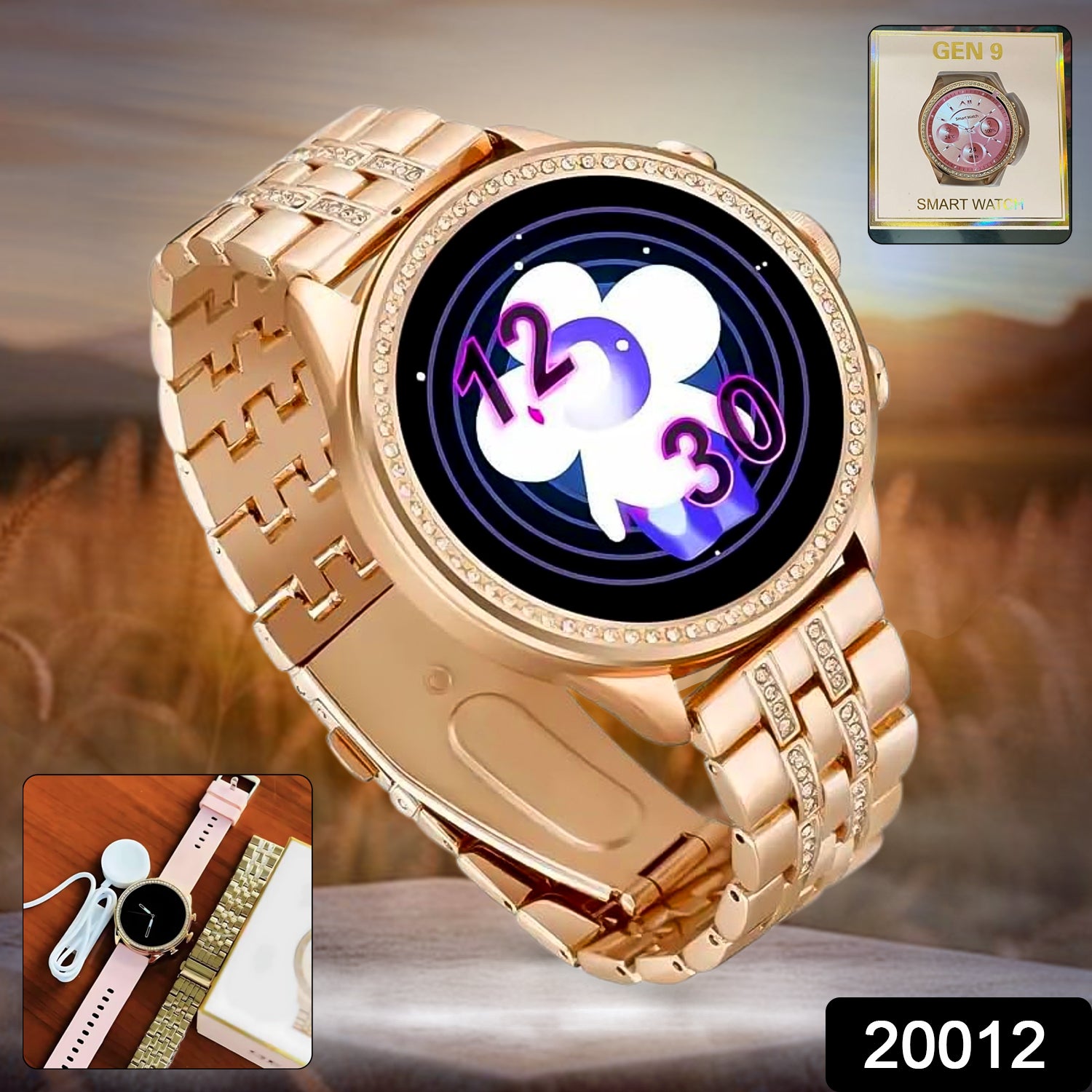 Wukusy Gen 9 Diamond Strap smartwatch with HD display and two interchangeable straps, modern electronics accessory.
