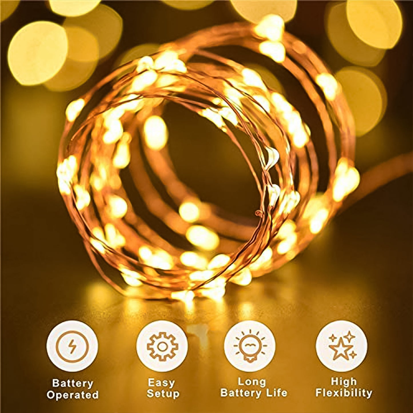 Wukusy waterproof LED flexible wire lights for parties, battery operated with 2AA batteries not included, ideal for event decoration.