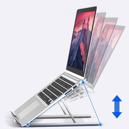 Wukusy metal portable laptop stand with 7 adjustable angles, shown supporting a laptop with a sleek, lightweight design.