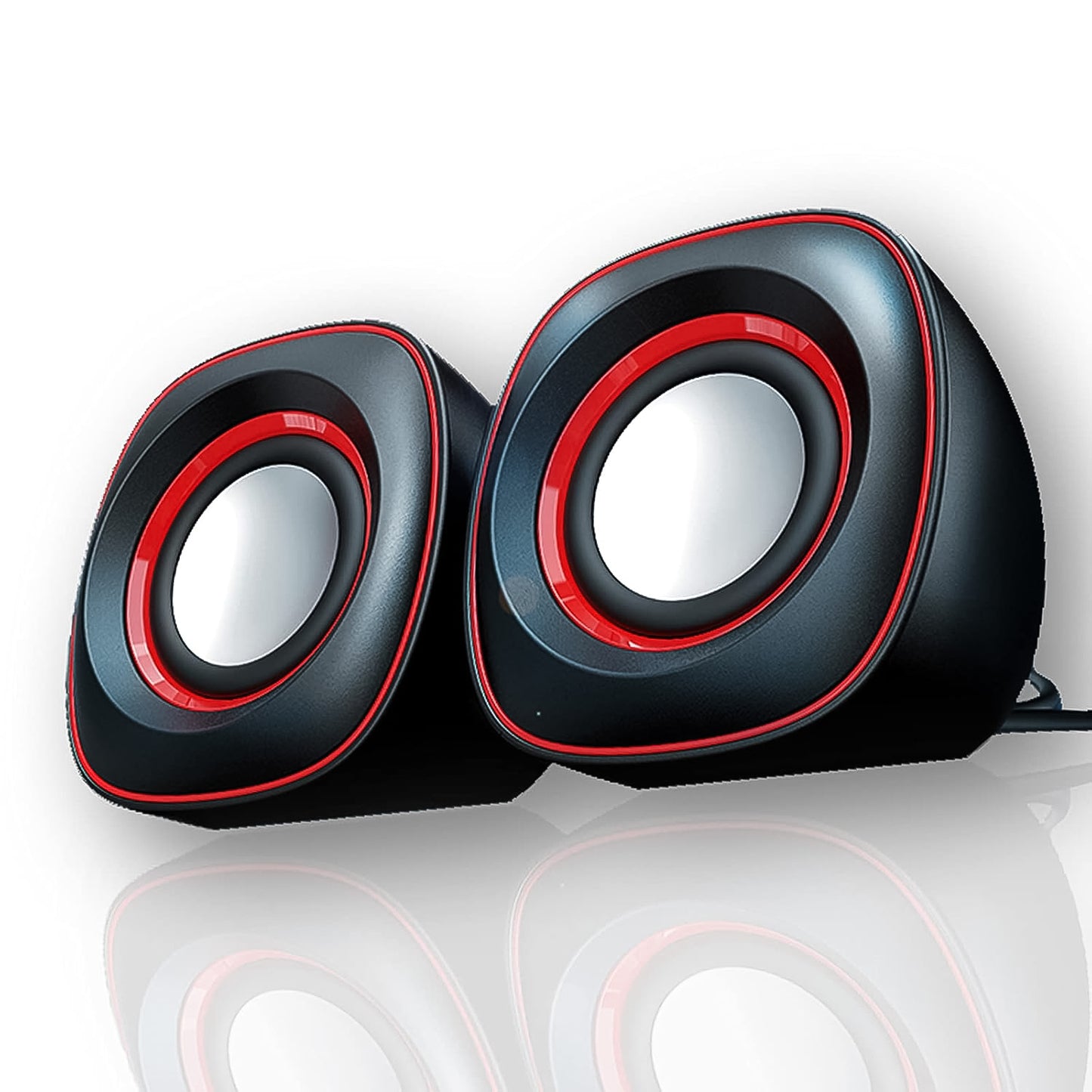 Wukusy computer speakers set with two black electronic speakers for desktop audio, connected with a cord for clear sound.