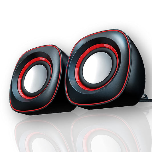 Wukusy computer speakers set with two black electronic speakers for desktop audio, connected with a cord for clear sound.