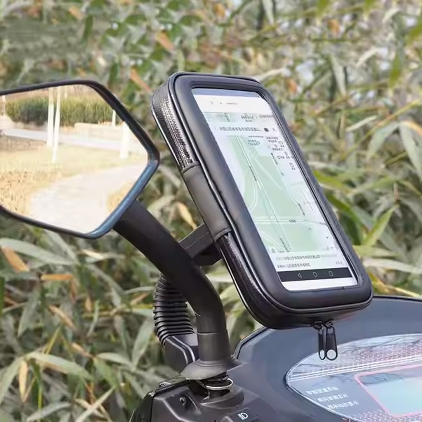 Weather-resistant bike phone holder case by Wukusy, mounted on a bike handlebar for secure smartphone protection during rides.