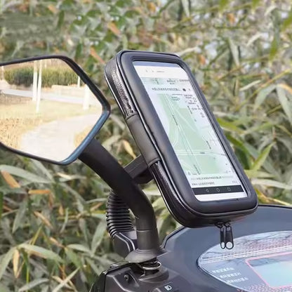 Weather-resistant bike phone holder case by Wukusy, mounted on a bike handlebar for secure smartphone protection during rides.