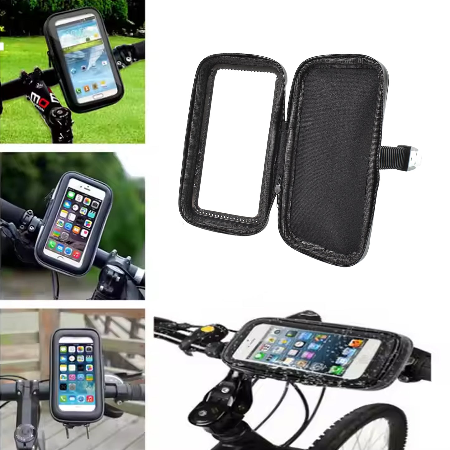 Wukusy weather-resistant bike phone holder case mounted on bicycle handlebars, designed for secure smartphone protection during rides.