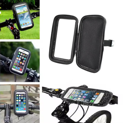 Wukusy weather-resistant bike phone holder case mounted on bicycle handlebars, designed for secure smartphone protection during rides.