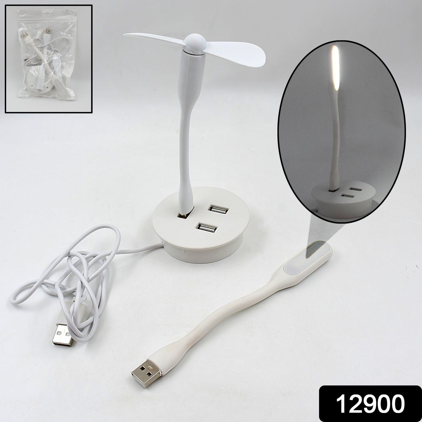 Wukusy portable mini USB fan with built-in USB light and 3-port USB hub, compact electronics for cooling and device connectivity.