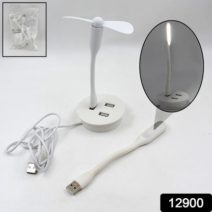 Wukusy portable mini USB fan with built-in USB light and 3-port USB hub, compact electronics for cooling and device connectivity.