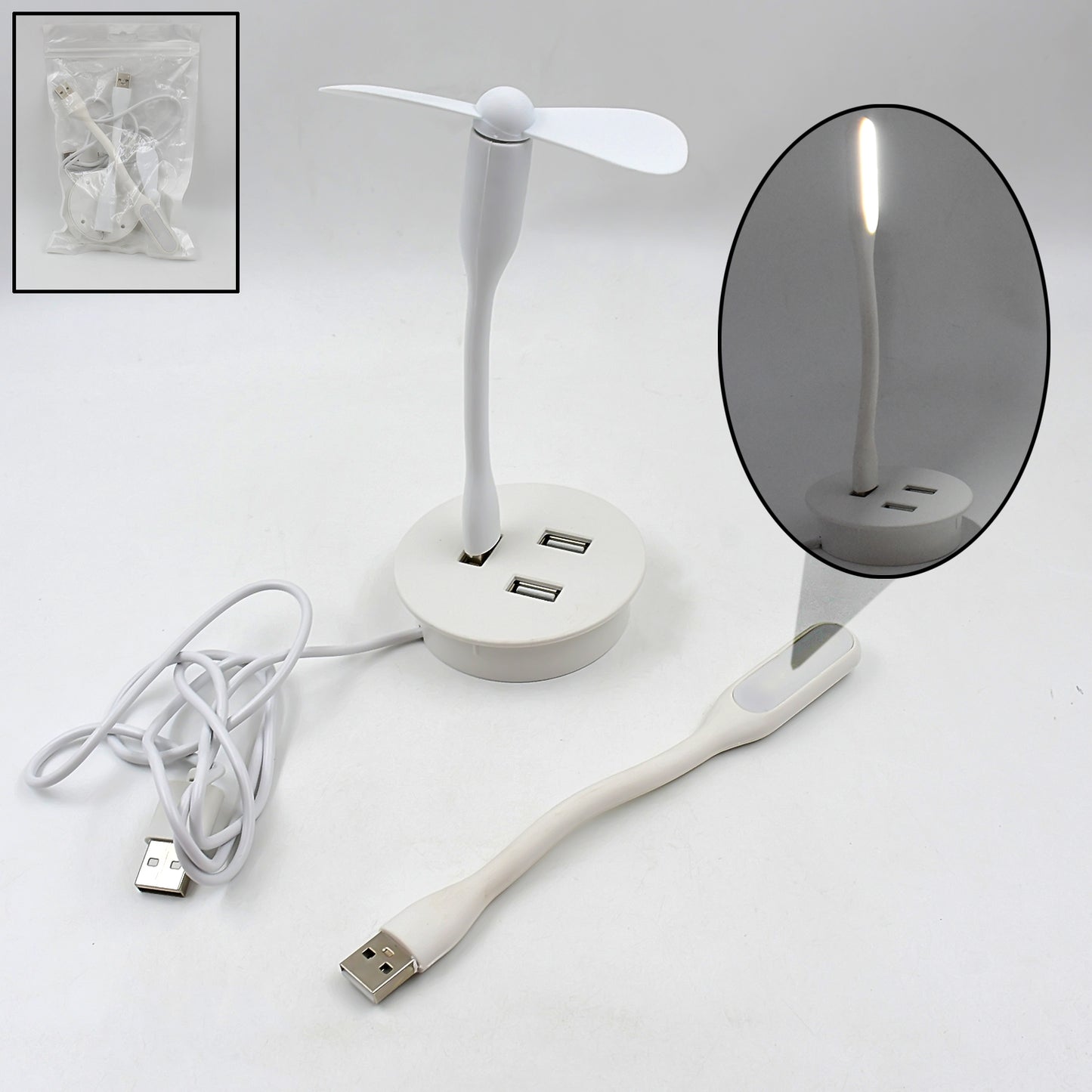 Wukusy portable mini USB fan with built-in USB light and 3-port USB hub, compact electronics accessory for laptops and desktops.
