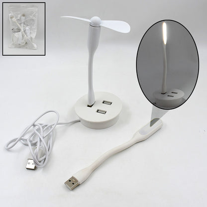 Wukusy portable mini USB fan with built-in USB light and 3-port USB hub, compact electronics accessory for laptops and desktops.