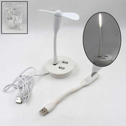 Wukusy portable mini USB fan with built-in USB light and 3-port USB hub, compact electronics accessory for laptops and desktops.