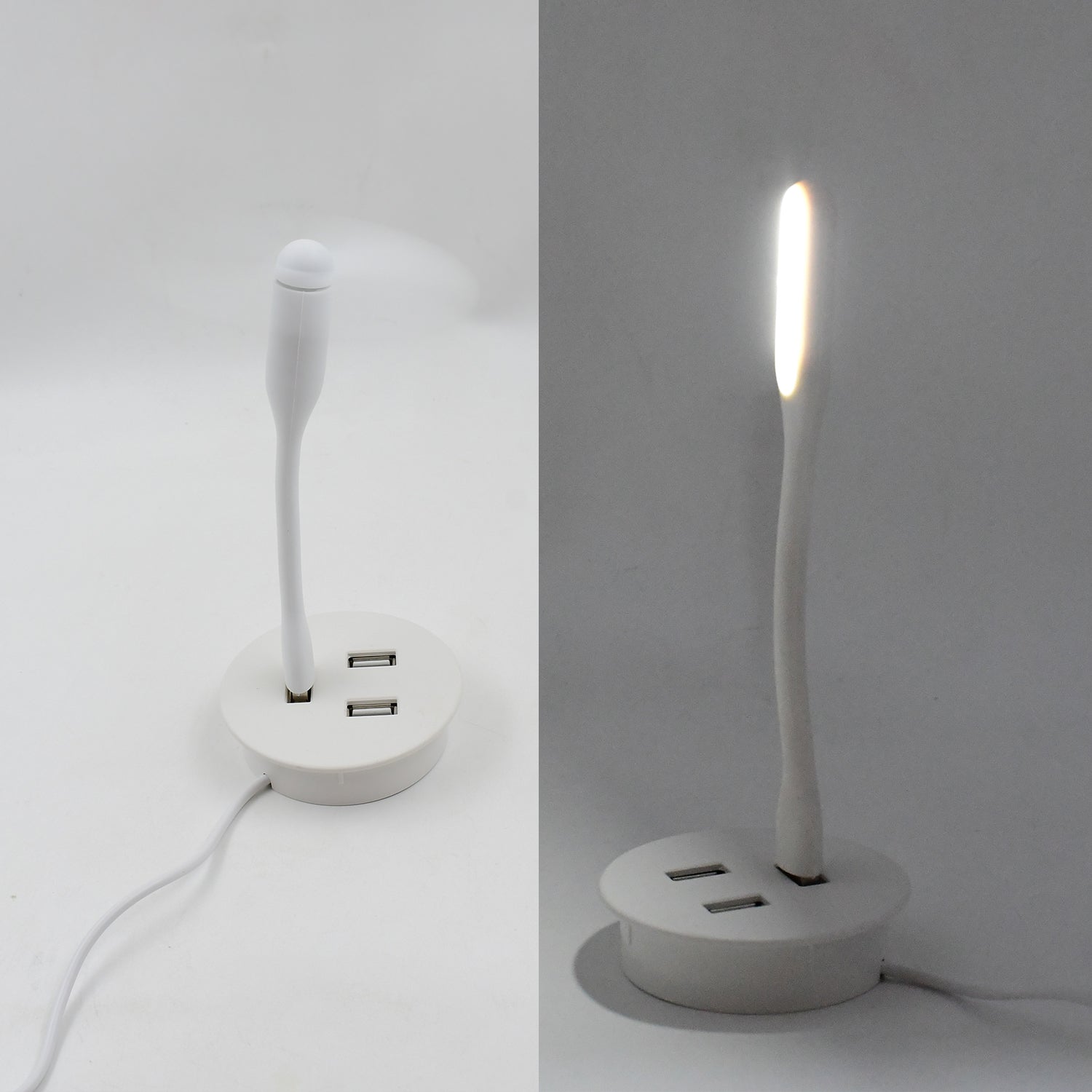 Wukusy portable mini USB fan with built-in USB light and 3-port USB 3.0 hub for electronic device connectivity.