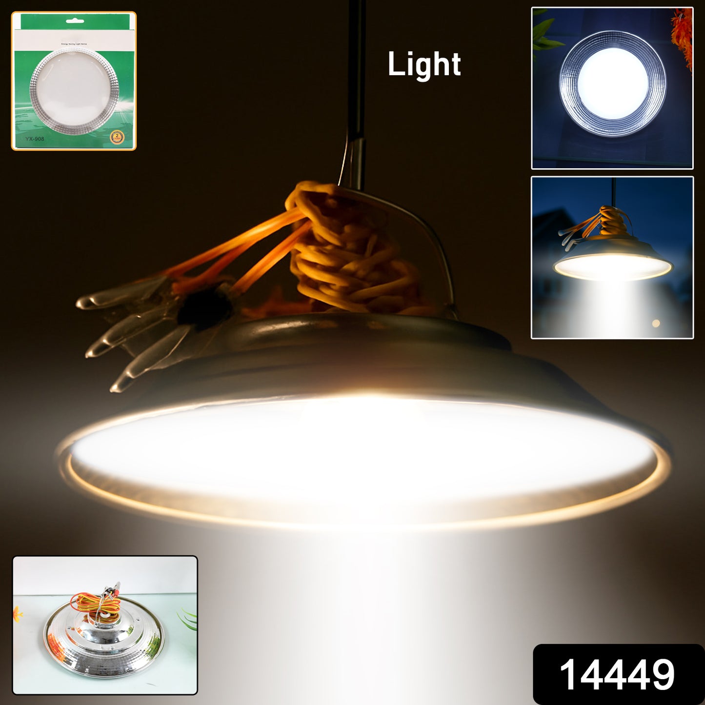 Rechargeable hanging LED light by Wukusy, showcasing a compact, portable electronic light with hanging hook and bright LED bulb.