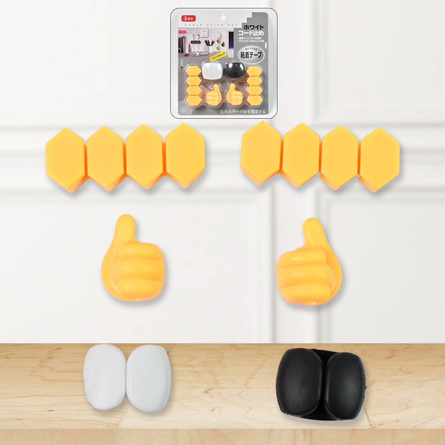Wukusy self-adhesive hooks for cable clips, 6-pack desktop cable organizer set with mixed designs for electronics accessories.