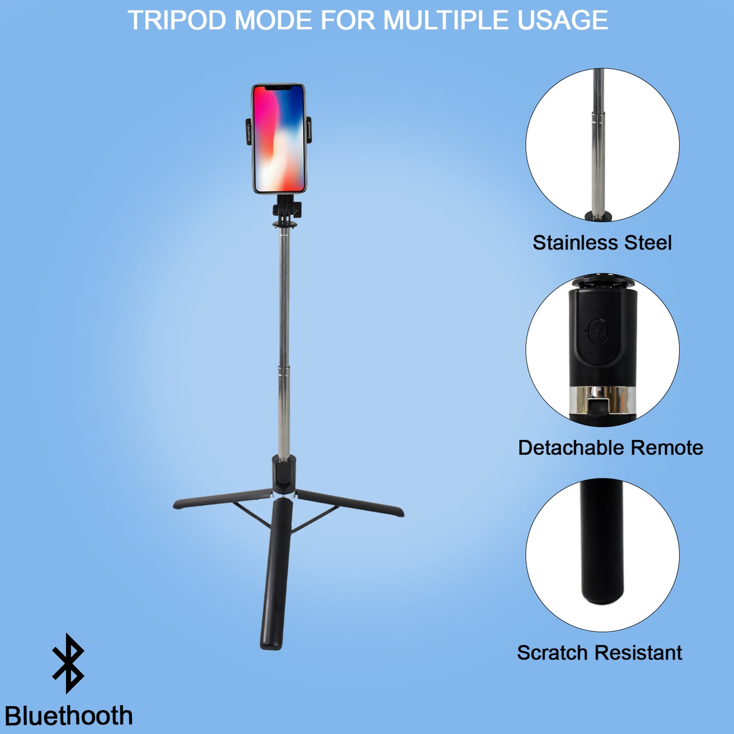 Wukusy selfie stick with tripod stand, 160 cm long, adjustable for smartphones, black, lightweight electronic accessory.