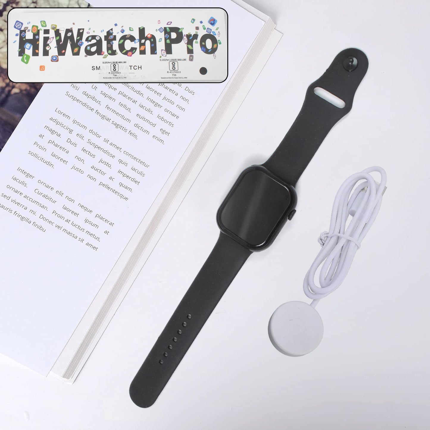 Wukusy Tx10 Pro Max wireless charging smartwatch with large display, showing time and health tracking on its screen.