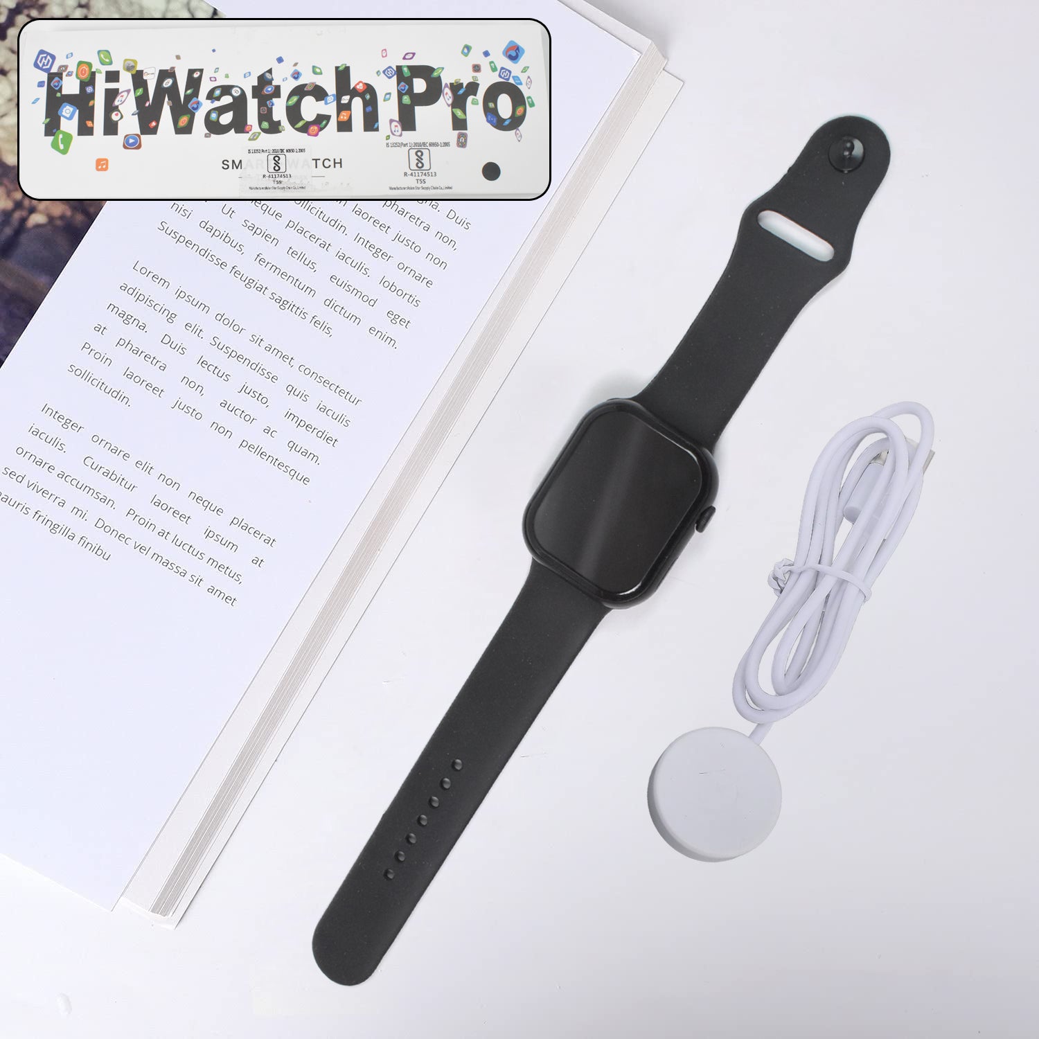 Wukusy Tx10 Pro Max wireless charging smartwatch with large display, showing time and health tracking on its screen.
