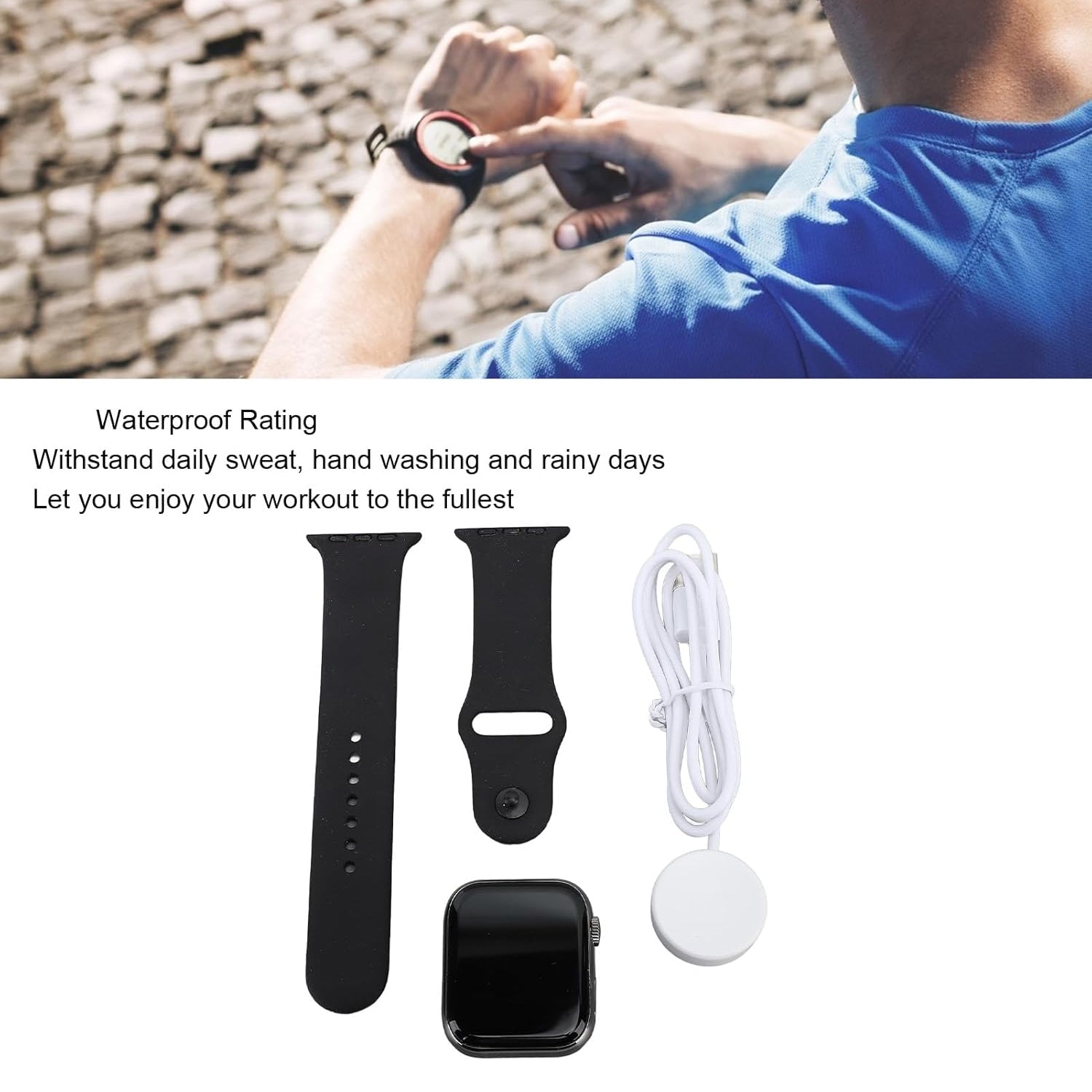 Wukusy Tx10 Pro Max wireless charging smartwatch with large display, showing time and health tracking features on the screen.
