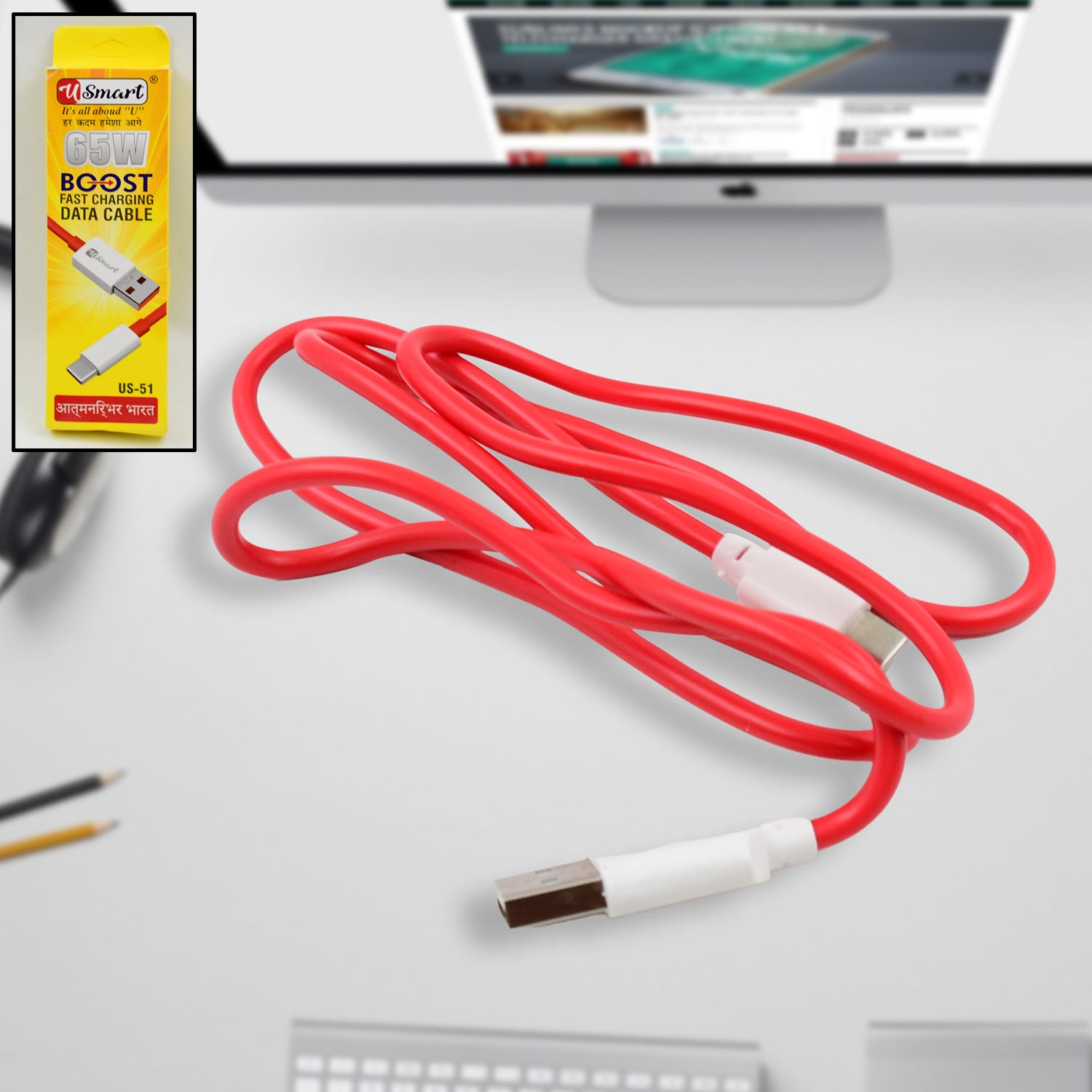 Wukusy Type C data cable for fast charging, 1000mm length, compatible with 65W devices, single black cable for electronics.