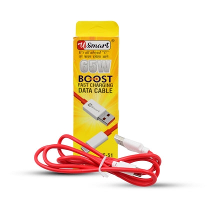 Wukusy Type C data cable for fast charging, 1000mm length, supports 65W power, suitable for electronic devices.