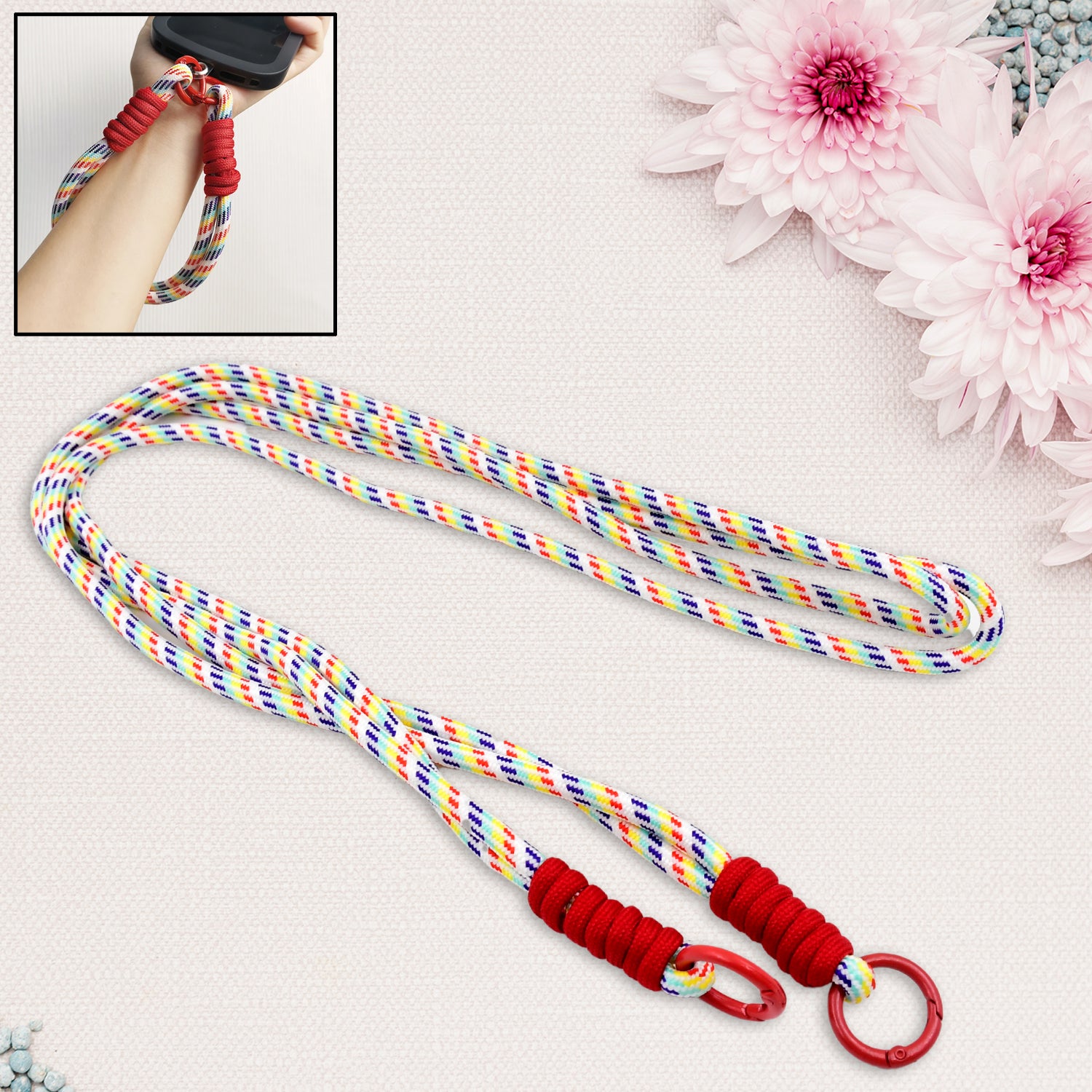Multicolor Wukusy universal phone lanyard for all smartphones, 52-inch cross-body electronic accessory for hands-free convenience.