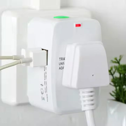 Wukusy universal travel adapter with dual USB ports, compact international electronics charger for worldwide travel.