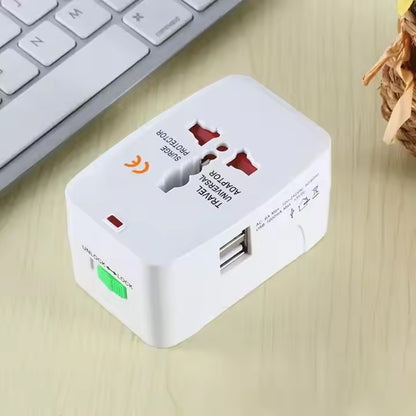 Wukusy universal travel adapter with dual USB charger ports, compact international electronics for worldwide power compatibility