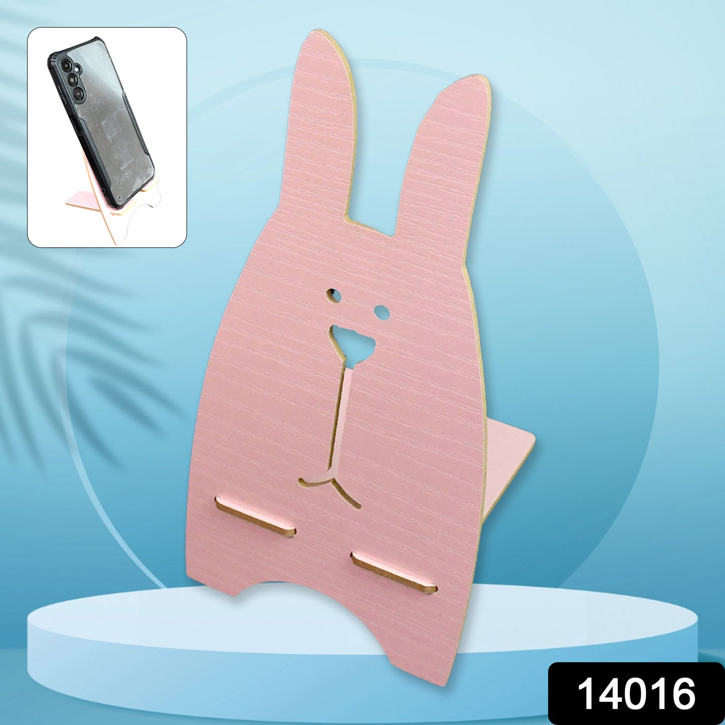 Wooden Wukusy mobile stand featuring a cute rabbit design, perfect for holding smartphones with charming, decorative style.