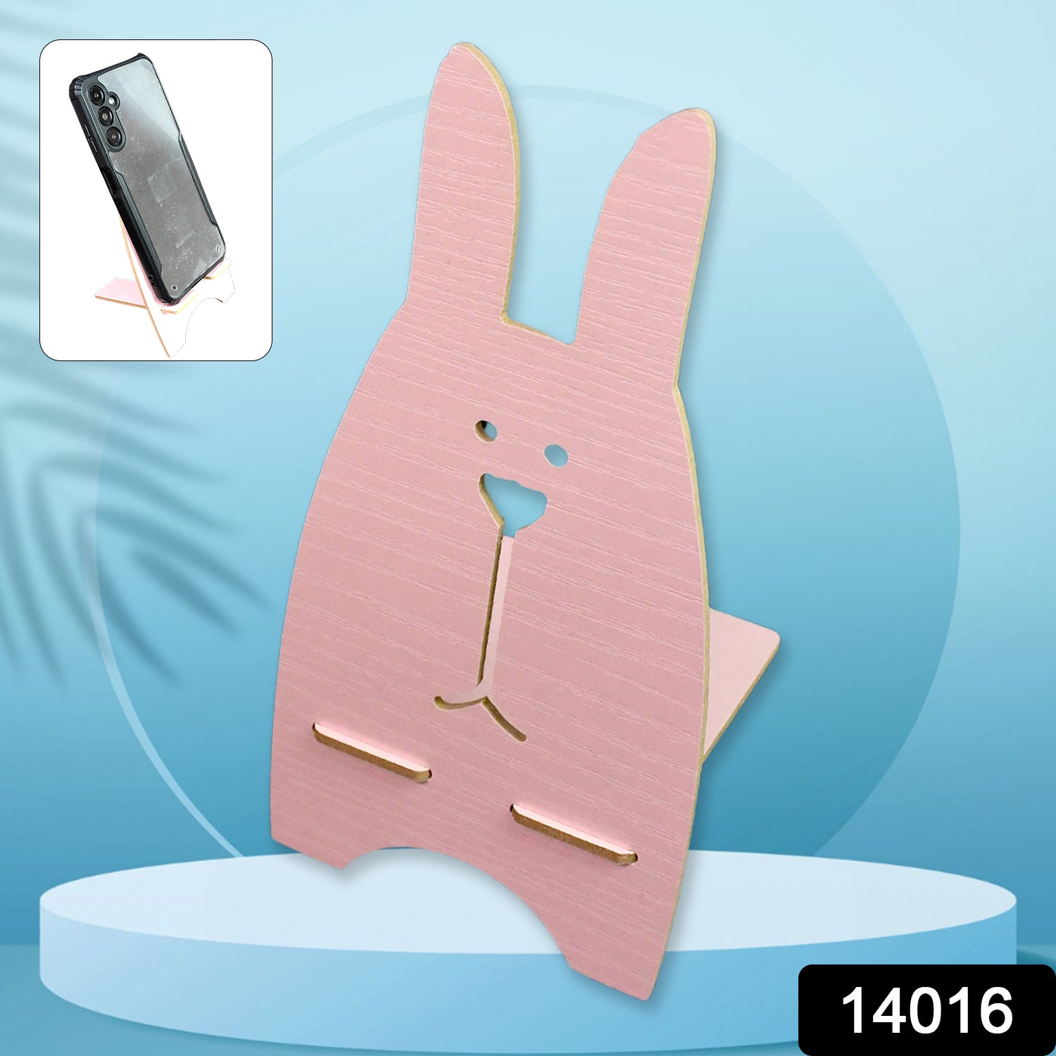 Wooden Wukusy mobile stand featuring a cute rabbit design, perfect for holding smartphones with charming, decorative style.