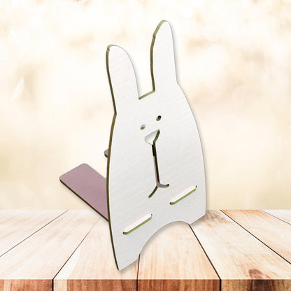 Wukusy wooden rabbit design mobile stand for electronics, cute and charming, holds smartphones securely.