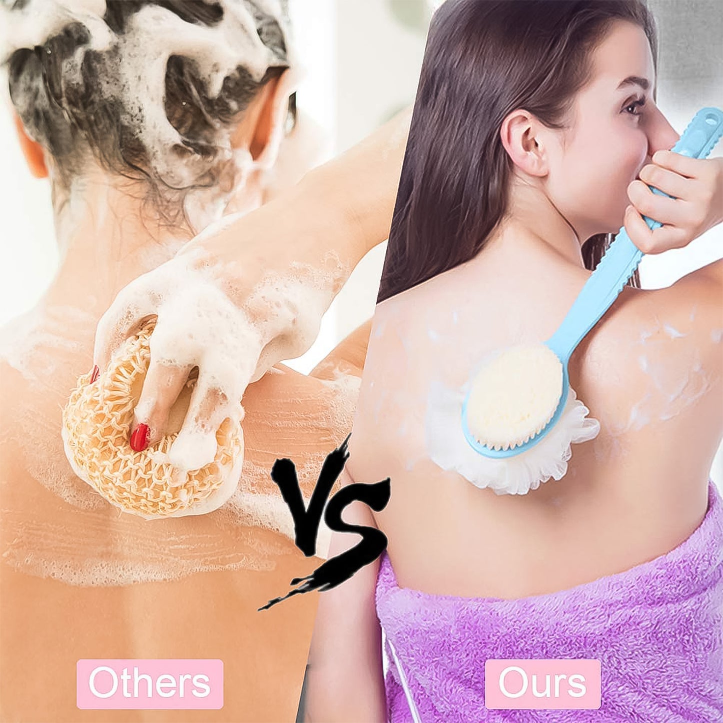 Wukusy 2-in-1 bath brush with long handle for face and body care, featuring soft bristles and ergonomic design.