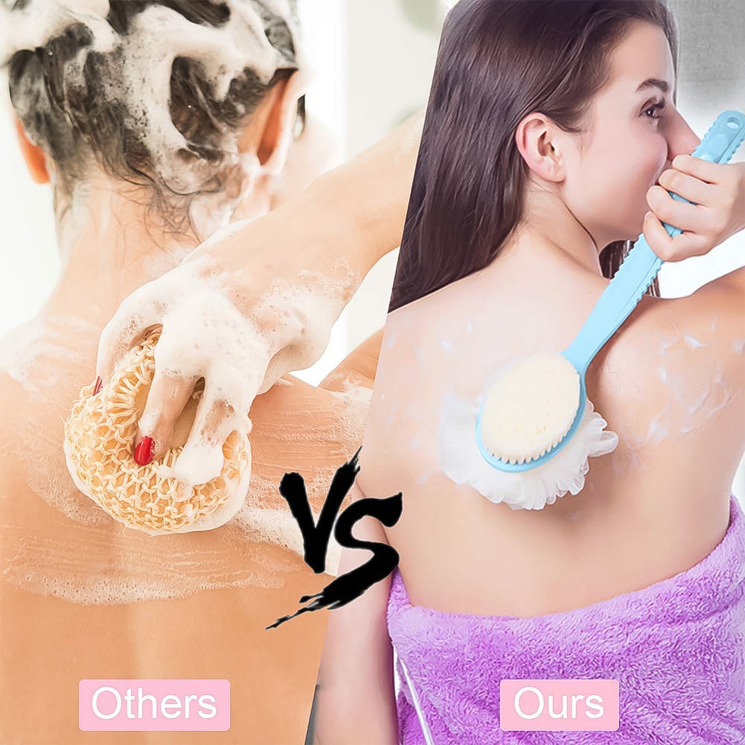 Wukusy 2-in-1 bath brush with long handle for face and body care, featuring soft bristles and ergonomic design.