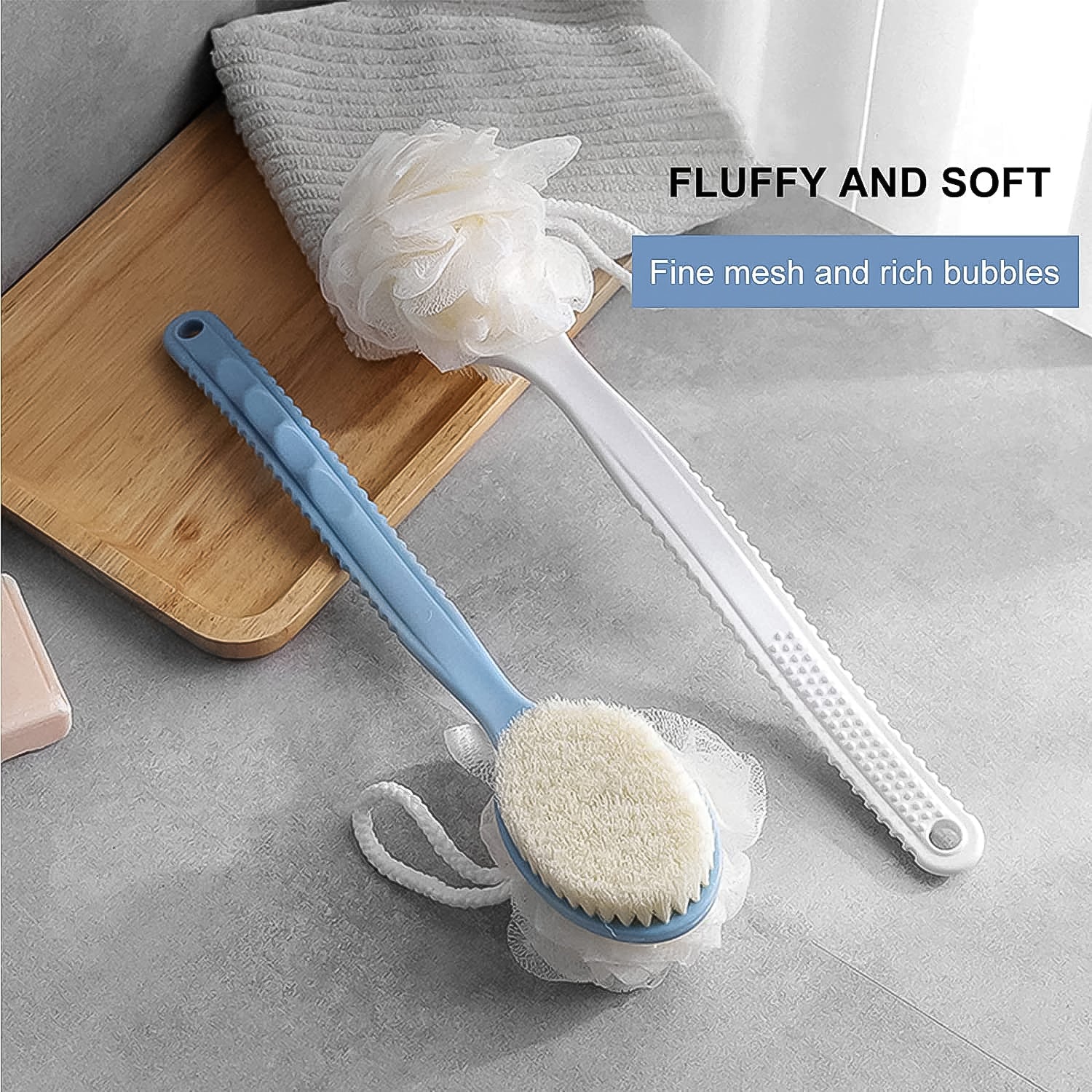 Wukusy 2-in-1 Bath Brush with Long Handle for face and body care, featuring a comfortable grip and gentle bristles.