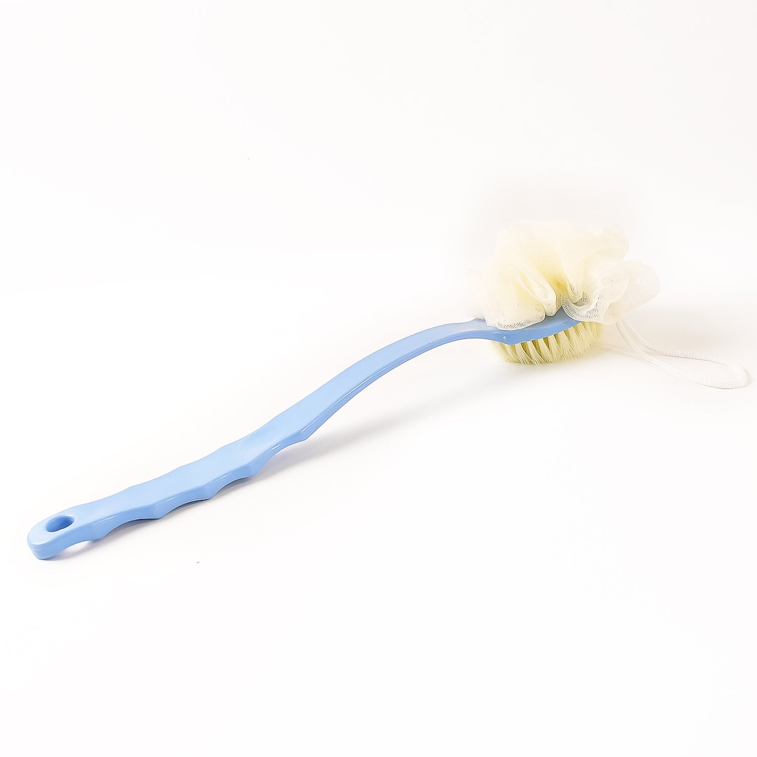 Wukusy 2-in-1 bath brush with long handle for face and body care, featuring a durable brush head for gentle cleansing.