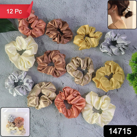 Set of 12 premium satin hair scrunchies by Wukusy, elastic hair ties for women and girls, shown in various colors.