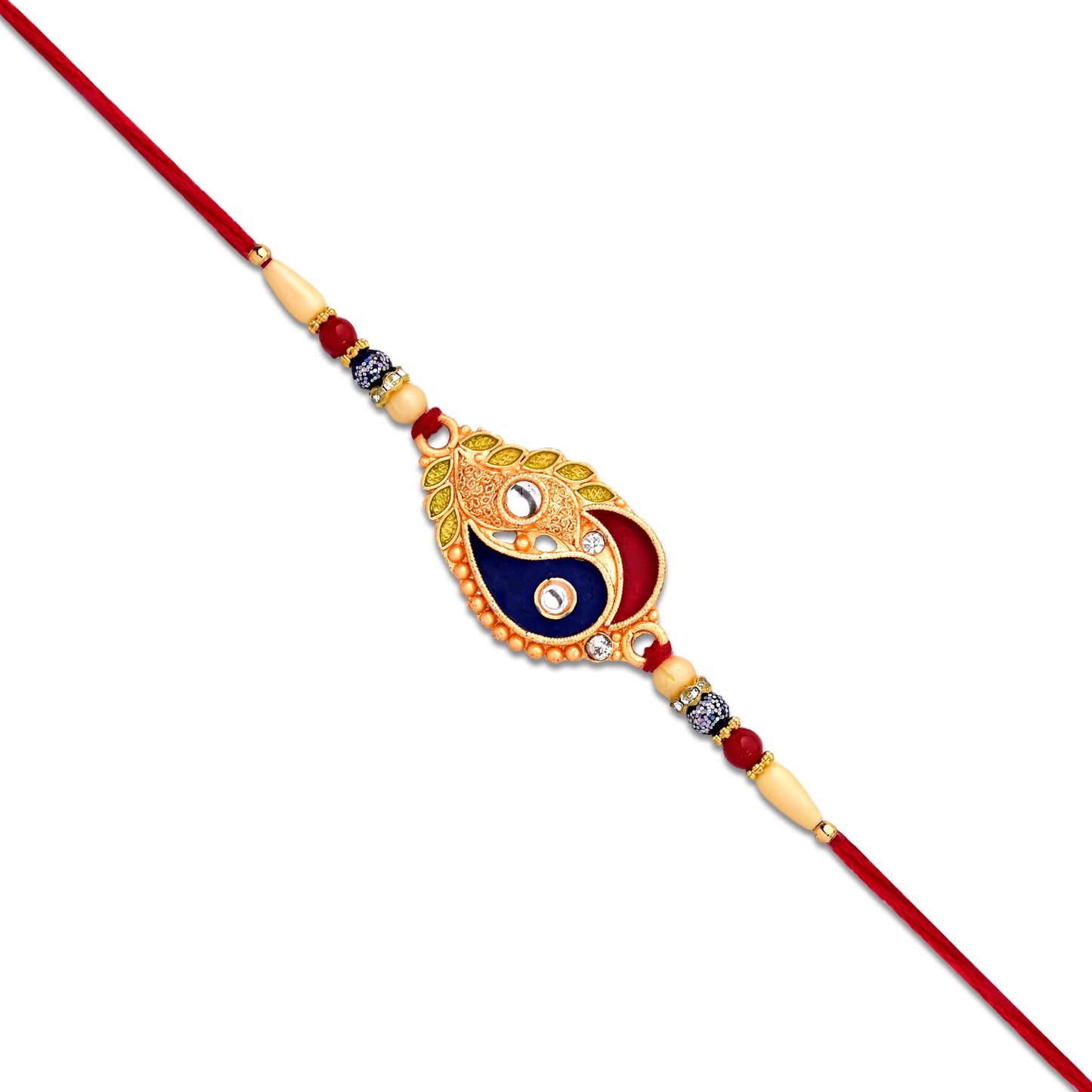 Elegant Wukusy fashion Rakhi with enamel paisley design and gold-tone embellishments, showcasing intricate craftsmanship.