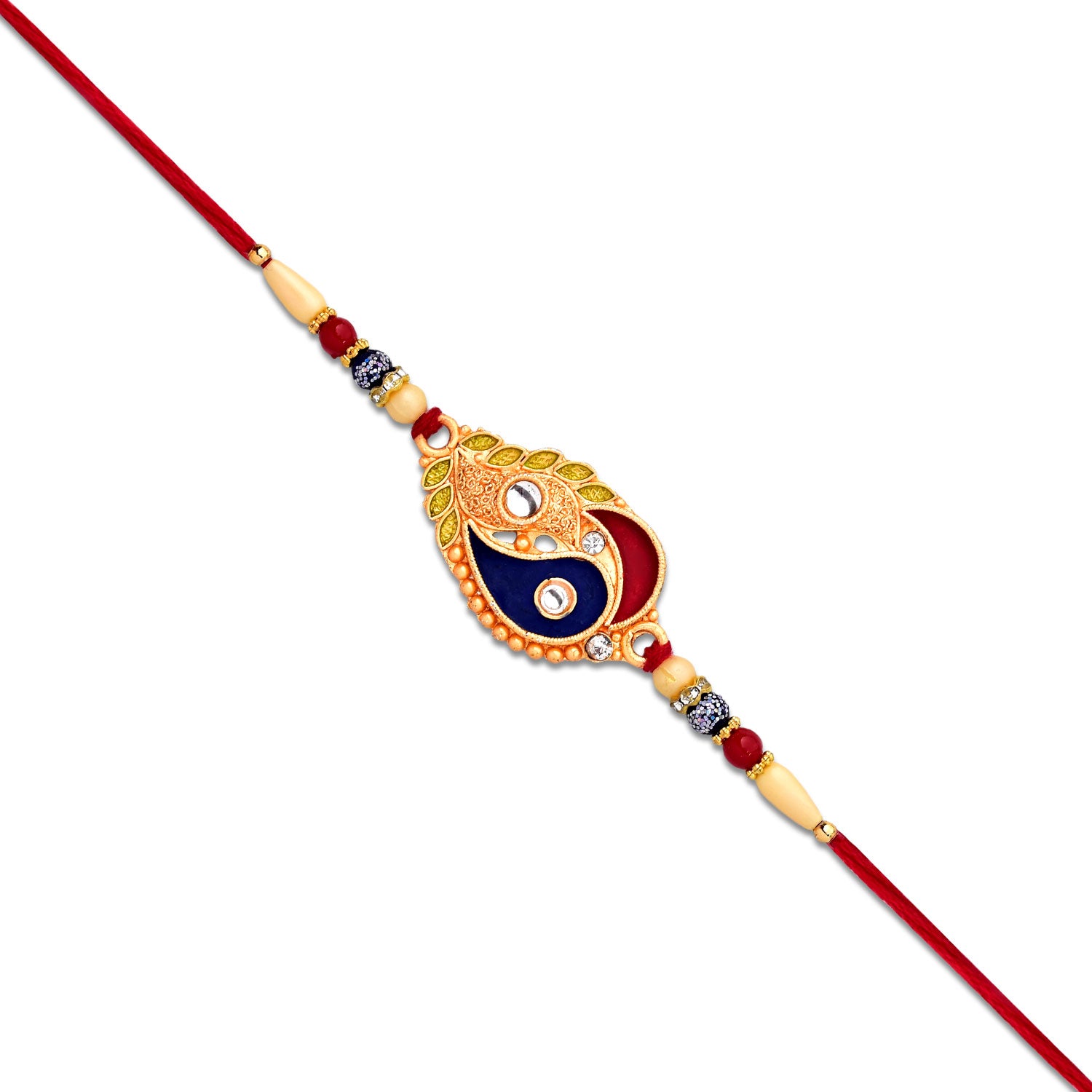 Elegant Wukusy fashion Rakhi with enamel paisley design and gold-tone embellishments, showcasing intricate craftsmanship.