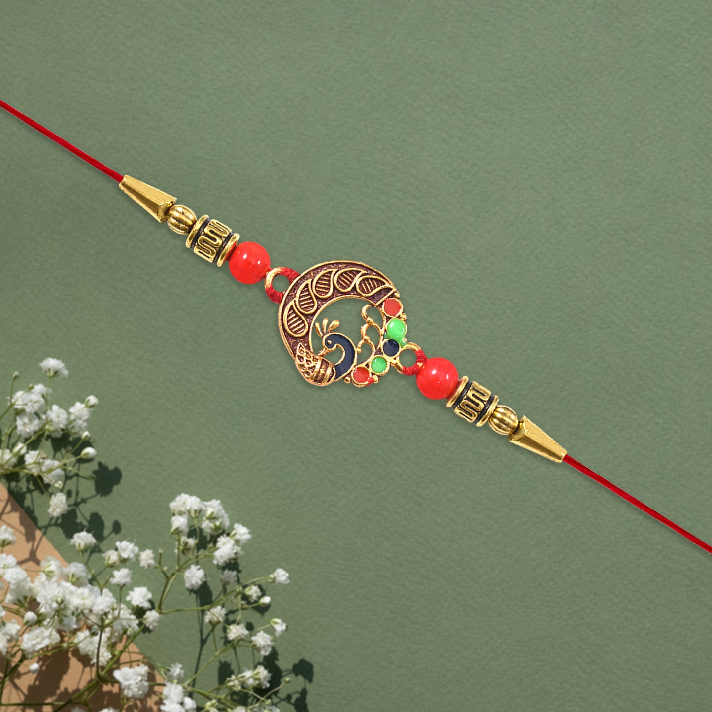 Elegant round peacock design Rakhi by Wukusy featuring intricate peacock motifs on a stylish fashion bracelet.