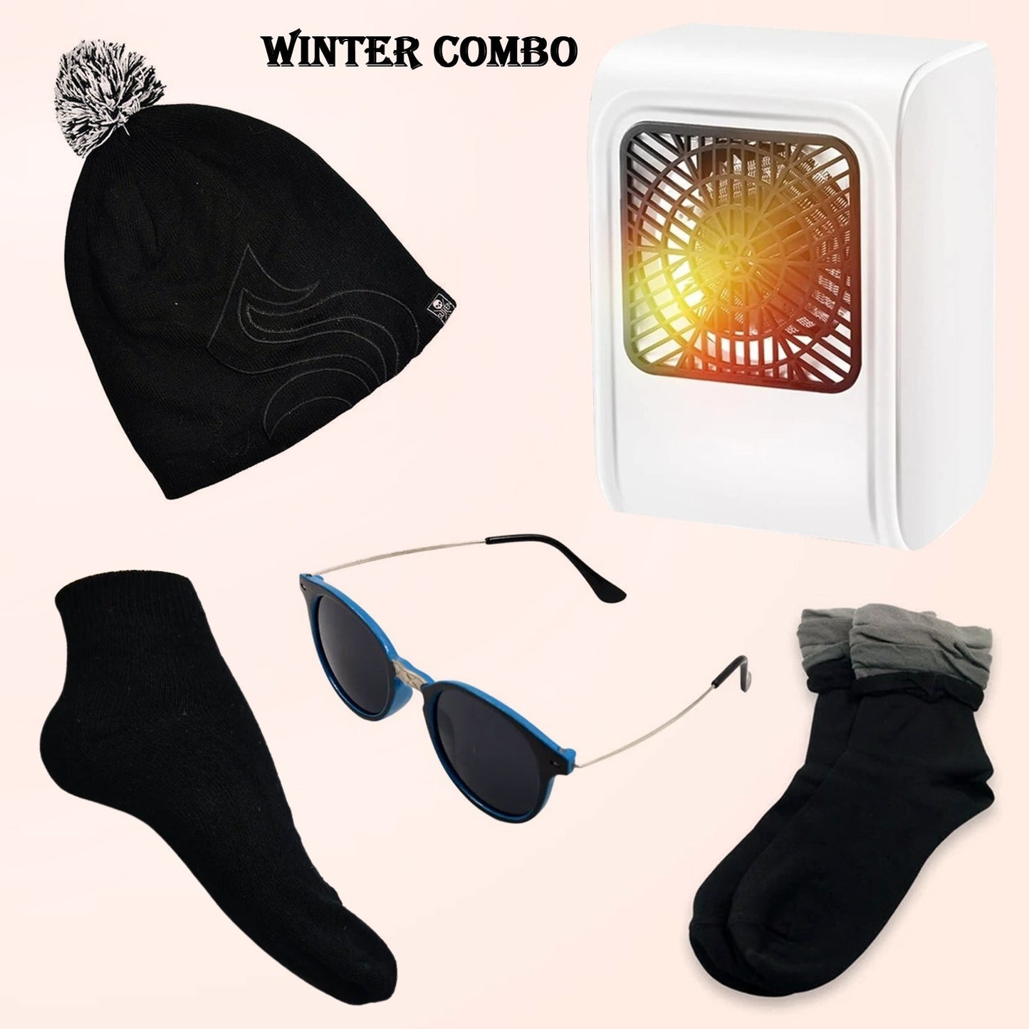 Wukusy winter warm set includes bennie hat, sunglasses, socks, and room heater in a 5-piece fashion combo.