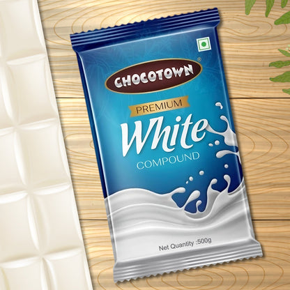 Wukusy Chocotown Premium White Choco Compound Slab 500g, creamy white chocolate block for baking and cooking.