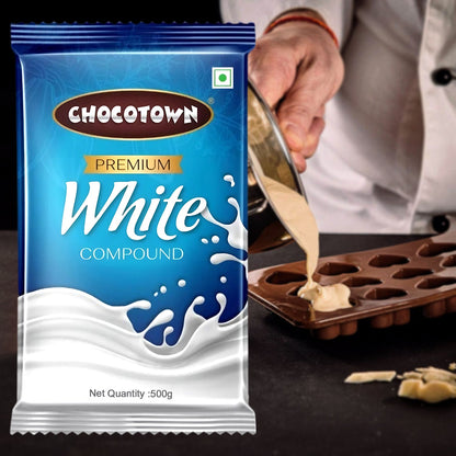 Wukusy Chocotown Premium White Choco Compound Slab 500g, creamy white chocolate block for baking and confectionery.