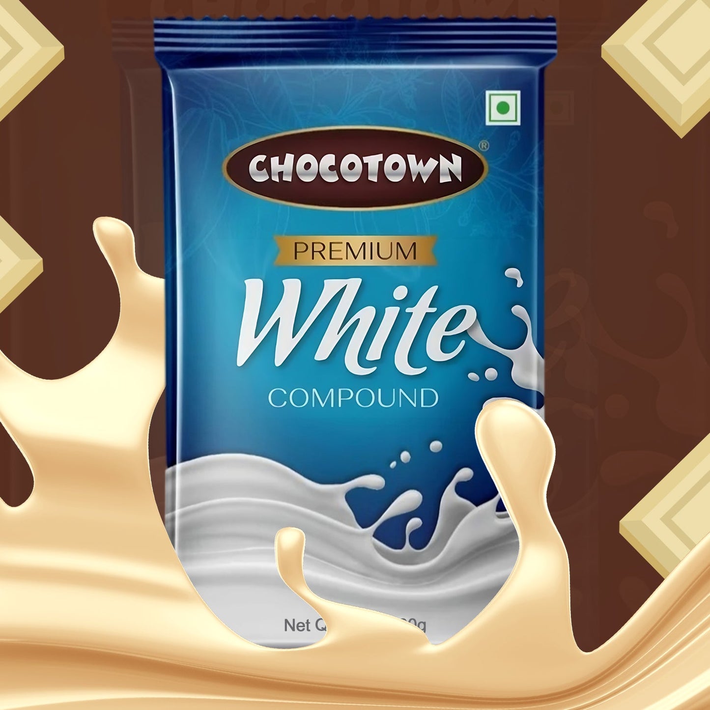 Wukusy Chocotown Premium White Choco Compound Slab, 500g, showing smooth white chocolate slab with Wukusy branding.