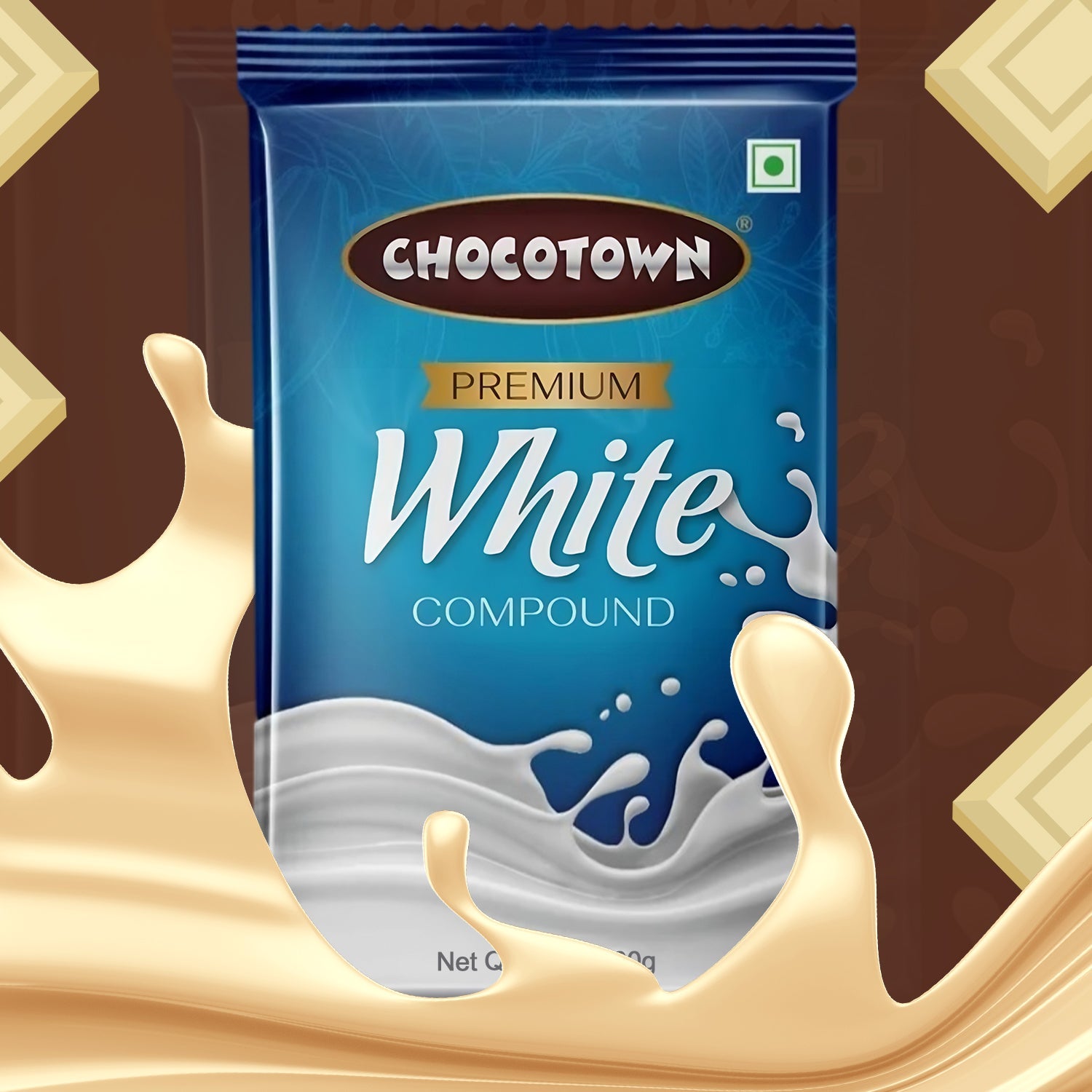 Wukusy Chocotown Premium White Choco Compound Slab, 500g, showing smooth white chocolate slab with Wukusy branding.
