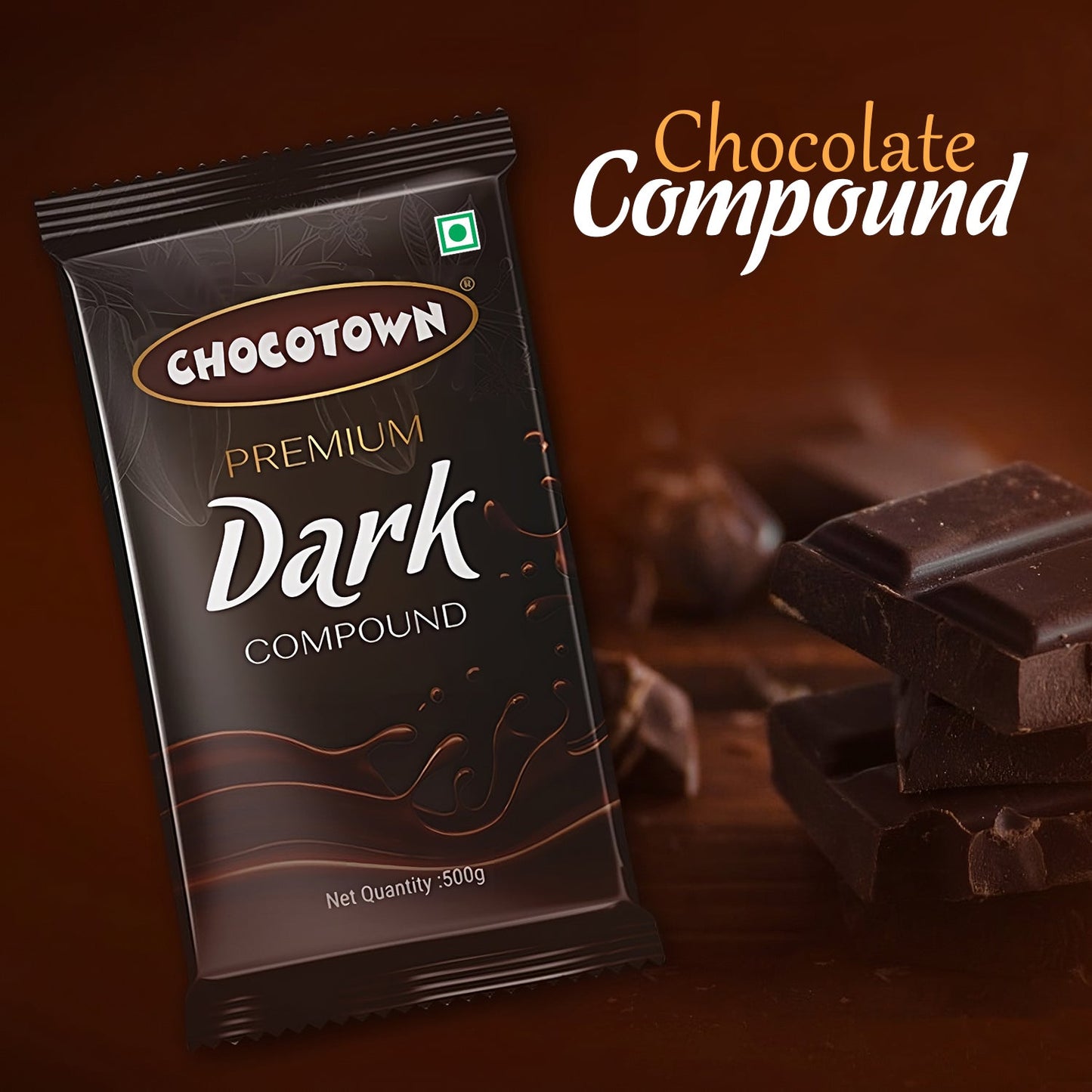 Wukusy Dark Compound 500g Chocotown dark chocolate slab for baking and snacking, with rich, smooth chocolate appearance.