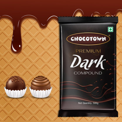 Dark compound chocolate slab from Wukusy Chocotown, 500g, showcasing a rich, dark chocolate piece with a smooth texture.