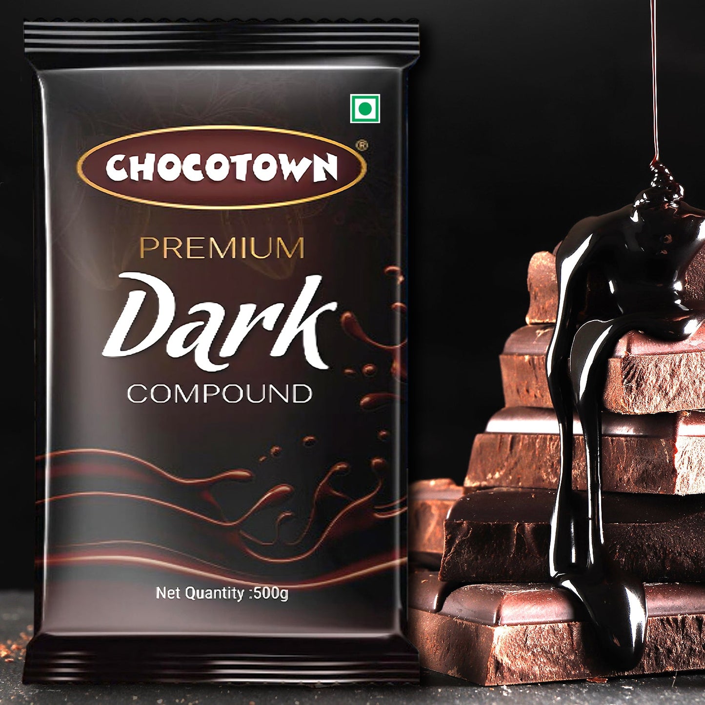 Dark Compound 500g Chocotown dark chocolate slab by Wukusy, showcasing a rich, glossy chocolate piece ready for snacking or baking.