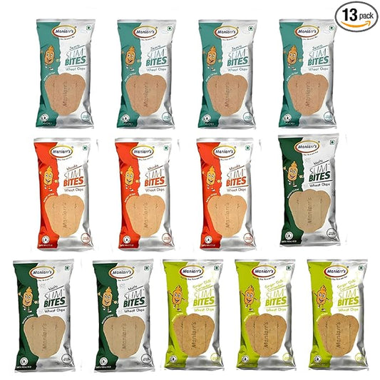 Wukusy Maniarrs Slim Bite Jain Khakhra with four flavors, crispy wheat snack in a pack of 13, 780 grams, low carb and healthy.