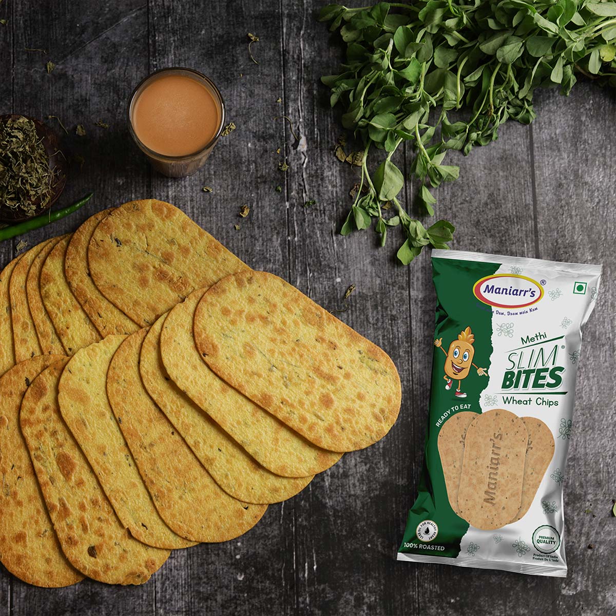 Wukusy Food Methi, fresh dried fenugreek leaves in a clear container, used as a flavorful herb in Indian cuisine.