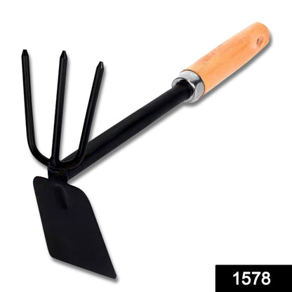 Wukusy 2-in-1 double garden hoe with wooden handle, showing the dual-function gardening tool in a garden setting