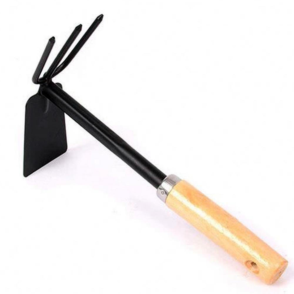 Wukusy 2-in-1 double gardening hoe with wooden handle, showing the versatile dual-ended tool for soil cultivation and weeding.