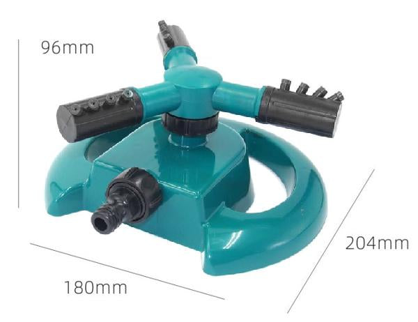 Wukusy 1677 3-arm 360-degree rotating garden sprinkler watering yard with garden pipe and hose for irrigation.